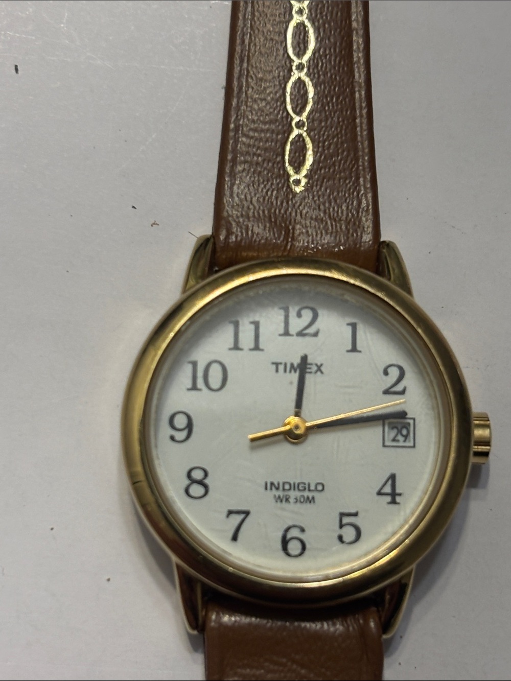 Timex Gold-Tone Analog Watch with White Dial and Black Strap